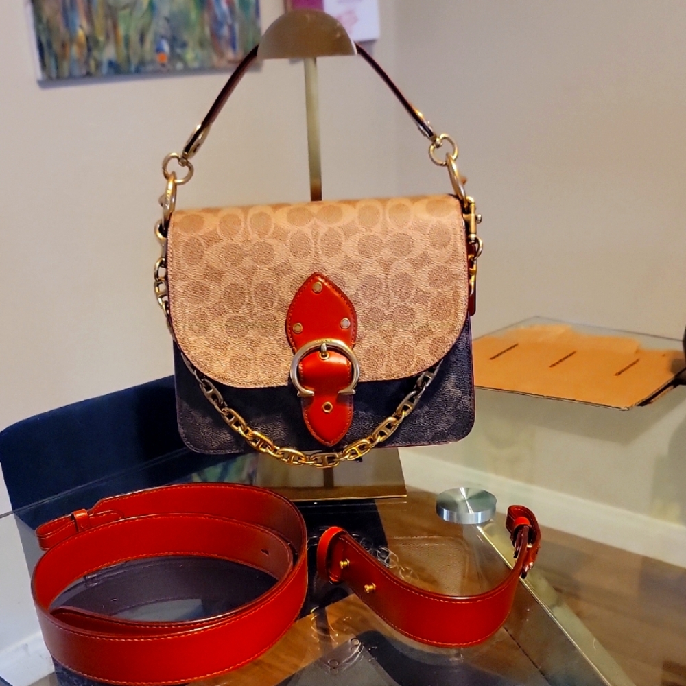 Coach Elegant Red and Tan Designer Beat  Handbag. New No Offers